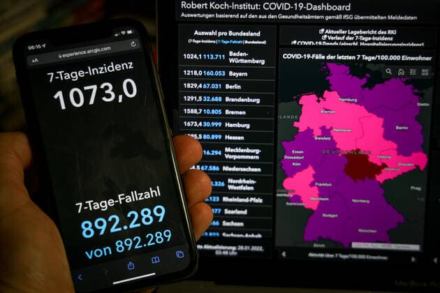 Coronavirus in Germany Covid 19 Robert Koch Institute Dashboard 28 01 2022 Robert Koch Institute 7 days Incidence 1073.0 7 days Number of cases 892 289 COVID 19 Cases 9 429 079 Additions up 190 148 from previous day COVID 19 Deaths 117 484 Additions up 170 from previous day