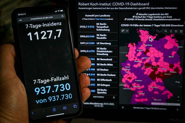 Coronavirus in Deutschland - Covid-19-Dashboard des Robert Koch-Institut 29.01.2022: Robert Koch-Institut: 7-Tage-Inzidenz 1127,7. 7-Tage-Fallzahl 937.730 COVID-19-Fälle 9.618.245. Zugang um 189.166 gegenüber dem Vortag. COVID-19-Todesfälle 117.666. Zugang um 182 gegenüber dem Vortag.