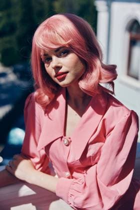 IMAGO Creative, Lifestyle, Barbiecore pretty woman Vintage fashion pink hair posing summer Happy female relaxing pretty woman Vintage fashion pink hair posing summer Happy female relaxing. High quality photo Copyright: xx 43422896
