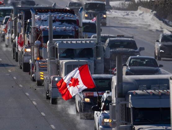 January 29, 2022, Kanata, on, Canada: A trucker convoy driving to Parliament Hill in Ottawa to participate in a cross-country truck convoy protesting measures taken by authorities to curb the spread of COVID-19 and vaccine mandates makes it s way on the highway near Kanata, Ont. on Saturday, Jan. 29, 2022. Kanata Canada  - ZUMAc35_ 20220129_zaf_c35_106 Copyright: xFrankxGunnx