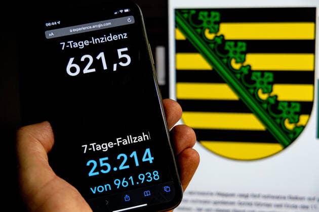 Coronavirus in Deutschland - Covid-19-Dashboard des Robert Koch-Institut DEU, Deutschland, Sachsen 30.01.2022: Die 7-Tage-Inzidenz für das Bundesland (Fälle letzte 7 Tage 100.000 EW) wird auf einem iPhone angezeigt, im Hintergrund das Landeswappen