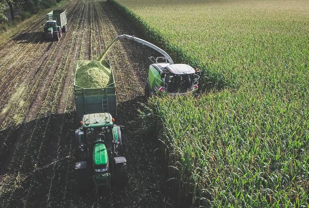 Ackerbau - Luftbild, Silomaisernte für Biogas oder Grundfutter für Rindvieh - aufgenommen aus der Vogelperspektive. Maishäcksler und Transportfahrzeuge auf dem Feld bei der Maisernte. Traktor mit schwerem Änhänger fährt neben dem Maishäcksler her, um das Erntegut zu laden und zur Hofstelle zu transportieren. Landwirtschaftliches Symbolfoto. Region Weser-Ems Niedersachsen Deutschland