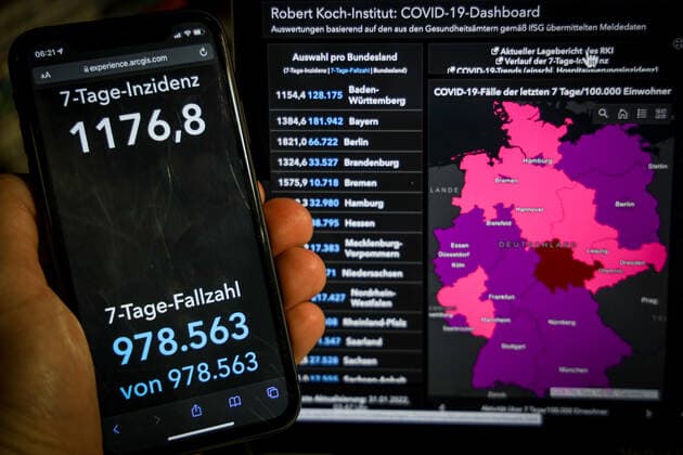 News Bilder des Tages Coronavirus in Deutschland - Covid-19-Dashboard des Robert Koch-Institut 31.01.2022: Robert Koch-Institut: 7-Tage-Inzidenz 1176,8. 7-Tage-Fallzahl 978.563 COVID-19-Fälle 9.815.533. Zugang um 78.318 gegenüber dem Vortag. COVID-19-Todesfälle 117.786. Zugang um 61 gegenüber dem Vortag.
