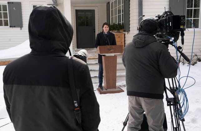 January 31, 2022, National Capital Region, Canada: Cameras record Canadian Prime Minister Justin Trudeau as he speaks during a media availability held at a secure location, Monday, January 31, 2022 in National Capital Region. National Capital Region Canada  - ZUMAc35_ 20220131_zaf_c35_036 Copyright: xAdrianxWyldx