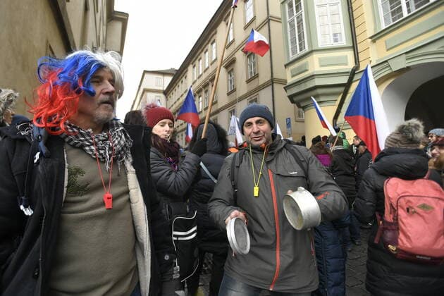 Demonstration of the Let Us Open Czechia-DOG Croaked anti-lockdown movement against amendment of pandemic bill was held on February 1, 2022, in Prague, Czech Republic. The inscription on the sack hanging on the gallows reads truths and freedoms . (CTKxPhoto MichaelaxRihova) CTKPhotoP2022020103193 