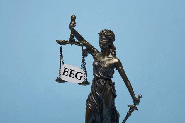 Justitia und Schriftzug EEG Justitia und Schriftzug EEG, 02.02.2022, Borkwalde, Brandenburg, Das Modell der Justitia trägt den Schriftzug EEG.
