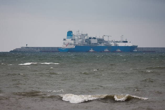 KALININGRAD REGION, RUSSIA â€“ FEBRUARY 2, 2022: A view of Gazprom s Marshal Vasilevskiy floating storage and regasification unit at an offshore gas receiving terminal in the Baltic Sea. To enhance energy security of the Kaliningrad Region, Gazprom ran a project to supply liquefied natural gas (LNG) by sea. Vitaly Nevar TASS  TS120FC8