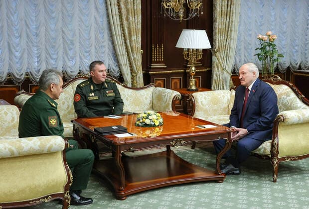 MINSK, BELARUS - FEBRUARY 3, 2022: Belarus President Alexander Lukashenko, Belarus Defense Minister Viktor Khrenin, and Russia s Defense Minister Sergei Shoigu (R-L) during a meeting. Maxim Guchek BelTA TASS  TS1210D0