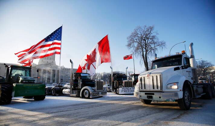 February 4, 2022, WINNIPEG, MANITOBA, CANADA: People rally against provincial and federal COVID-19 vaccine mandates and in support of Ottawa protestors outside the Manitoba Legislature in Winnipeg, Friday, February 4, 2022. WINNIPEG CANADA  - ZUMAc35_ 20220204_zaf_c35_092 Copyright: xJohnxWoodsx