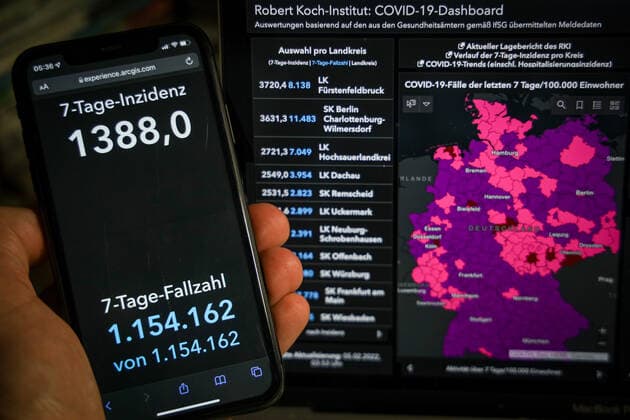 New Bilder des Tages Coronavirus in Deutschland - Covid-19-Dashboard des Robert Koch-Institut 05.02.2022: Robert Koch-Institut: 7-Tage-Inzidenz 1388,0. 7-Tage-Fallzahl 1.154.162 COVID-19-Fälle 10.889.417. Zugang um 217.815 gegenüber dem Vortag. COVID-19-Todesfälle 118.676. Zugang um 172 gegenüber dem Vortag.