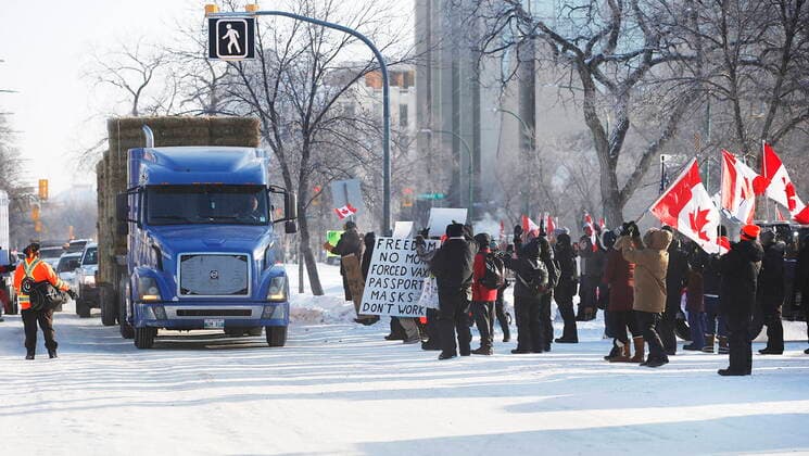 February 4, 2022, WINNIPEG, MANITOBA, CANADA: People rally against provincial and federal COVID-19 vaccine mandates and in support of Ottawa protestors outside the Manitoba Legislature in Winnipeg, Friday, February 4, 2022. WINNIPEG CANADA  - ZUMAc35_ 20220204_zaf_c35_181 Copyright: xJohnxWoodsx