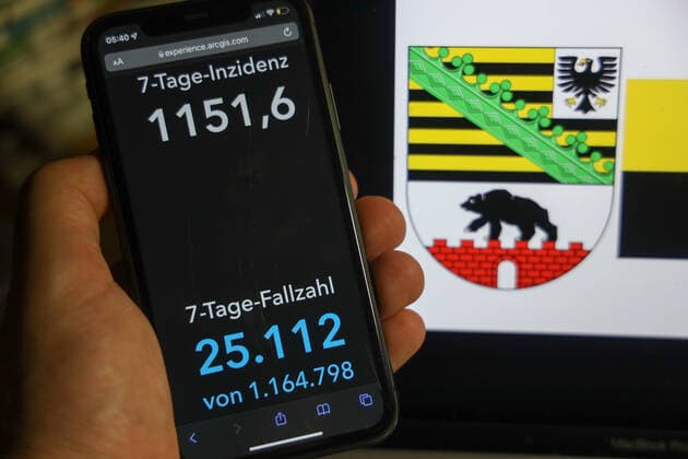 Coronavirus in Deutschland - Covid-19-Dashboard des Robert Koch-Institut DEU, Deutschland, Sachsen-Anhalt 06.02.2022: Die 7-Tage-Inzidenz für das Bundesland (Fälle letzte 7 Tage 100.000 EW) wird auf einem iPhone angezeigt, im Hintergrund das Landeswappen