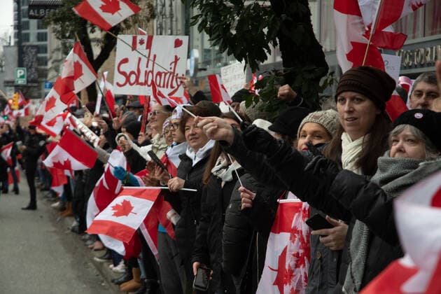 February 5, 2022, Vancouver, British Columbia, Canada: Protectors against COVID-19 safety mandates take to the streets of downtown Vancouver Feb. 5. A convoy of hundreds of vehicles travelled from several nearby municipalities to show their support for the so-called Freedom Convoy of truckers, who brought their protest of mandated vaccines for travel to and from the United States to the nationÃ¢â‚¬â ¢s capital, Ottawa, Ontario, bringing parts of the city to a stand still for the past five days. Vancouver Canada - ZUMAb217 20220205_zip_b217_006 Copyright: xQuinnxBenderx