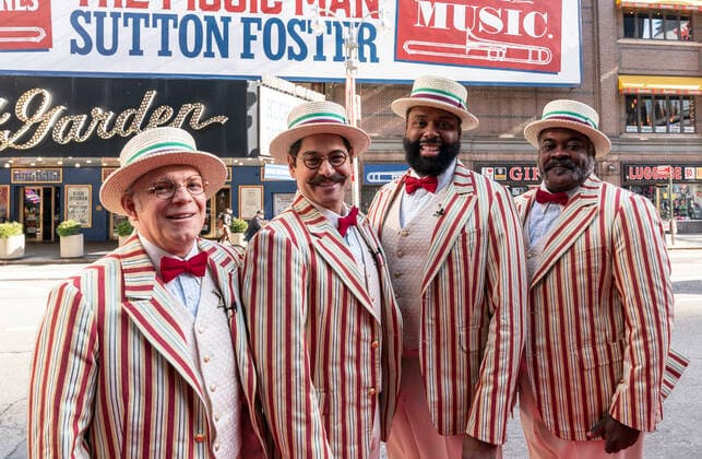 NY: The Music Man cast presser with Jefferson Mays Barbershop Quartet (Phillip Boykin, Eddie Korbich, Daniel Torres, Nicholas Ward) of The Music Man poses at the presser in front of Winter Garden Theatre. Jefferson Mays, joined by young cast members and Barbershop Quartet in costumes, addressed the media in advance of opening outside of the theater. Barbershop Quartet serenades in front of the media and young actors show their skills. New York New York United States Copyright: LevxRadin