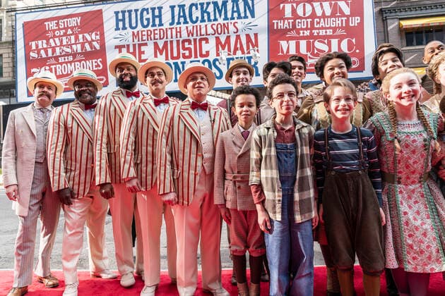 NY: The Music Man cast presser with Jefferson Mays Jefferson Mays, Barbershop Quartet and young cast members of The Music Man pose at the presser in front of Winter Garden Theatre. Jefferson Mays, joined by young cast members and Barbershop Quartet in costumes, addressed the media in advance of opening outside of the theater. Barbershop Quartet serenades in front of the media and young actors show their skills. New York New York United States Copyright: LevxRadin