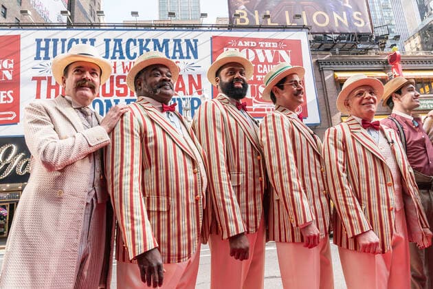 NY: The Music Man cast presser with Jefferson Mays Jefferson Mays who plays Mayor George Shinn and Barbershop Quartet of The Music Man pose after the presser in front of Winter Garden Theatre. Jefferson Mays, joined by young cast members and Barbershop Quartet in costumes, addressed the media in advance of opening outside of the theater. Barbershop Quartet serenades in front of the media and young actors show their skills. New York New York United States Copyright: LevxRadin