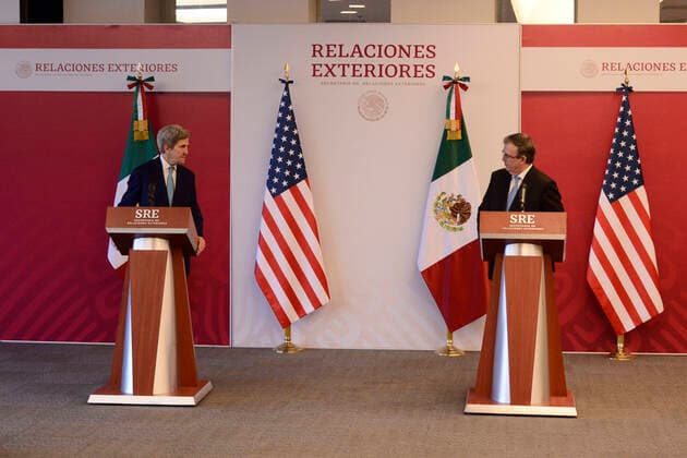 John Kerry Working Visit To Mexico MEXICO CITY, MEXICO - FEBRUARY 9, 2022: John Kerry, US Special Presidential Envoy for Climate and Mexico™s Foreign Affairs Minister Marcelo Ebrard during a press conference to discuss climate change and electricity reform at the Foreign Office. On February 9, 2022 in Mexico City, Mexico. (Photo by Carlos Tischler Eyepix Group) Copyright: xCarlosxTischlerx xEyepixxGroupx EYEPIX_CT_09022022_55523