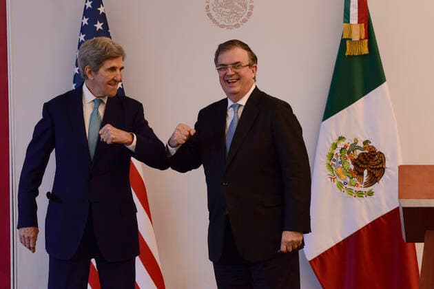 John Kerry Working Visit To Mexico MEXICO CITY, MEXICO - FEBRUARY 9, 2022: John Kerry, US Special Presidential Envoy for Climate and Mexico™s Foreign Affairs Minister Marcelo Ebrard they elbow greetings after end a press conference to discuss climate change and electricity reform at the Foreign Office. On February 9, 2022 in Mexico City, Mexico. (Photo by Carlos Tischler Eyepix Group) Copyright: xCarlosxTischlerx xEyepixxGroupx EYEPIX_CT_09022022_55548