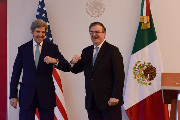 John Kerry Working Visit To Mexico MEXICO CITY, MEXICO - FEBRUARY 9, 2022: John Kerry, US Special Presidential Envoy for Climate and Mexico™s Foreign Affairs Minister Marcelo Ebrard they elbow greetings after end a press conference to discuss climate change and electricity reform at the Foreign Office. On February 9, 2022 in Mexico City, Mexico. (Photo by Carlos Tischler Eyepix Group) Copyright: xCarlosxTischlerx xEyepixxGroupx EYEPIX_CT_09022022_55549
