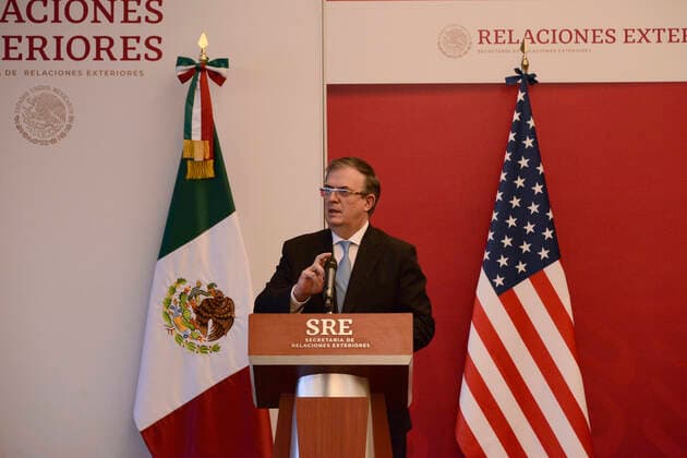 John Kerry Working Visit To Mexico MEXICO CITY, MEXICO - FEBRUARY 9, 2022: Mexico™s Foreign Affairs Minister Marcelo Ebrard speaks during a press conference to discuss climate change and electricity reform at the Foreign Office. On February 9, 2022 in Mexico City, Mexico. (Photo by Carlos Tischler Eyepix Group) Copyright: xCarlosxTischlerx xEyepixxGroupx EYEPIX_CT_09022022_55516