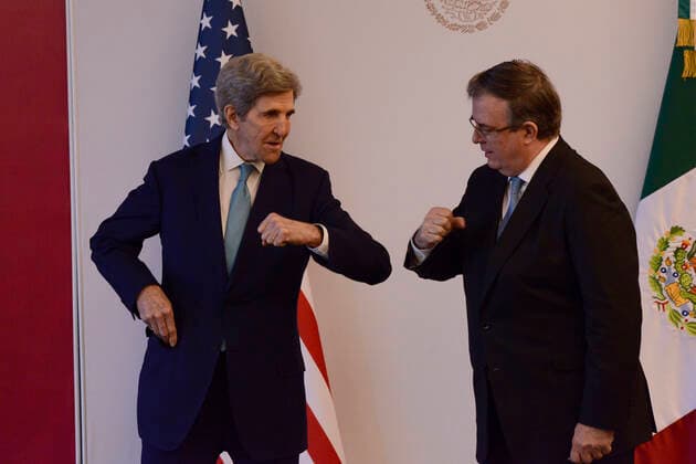John Kerry Working Visit To Mexico MEXICO CITY, MEXICO - FEBRUARY 9, 2022: John Kerry, US Special Presidential Envoy for Climate and Mexico™s Foreign Affairs Minister Marcelo Ebrard they elbow greetings after end a press conference to discuss climate change and electricity reform at the Foreign Office. On February 9, 2022 in Mexico City, Mexico. (Photo by Carlos Tischler Eyepix Group) Copyright: xCarlosxTischlerx xEyepixxGroupx EYEPIX_CT_09022022_55546