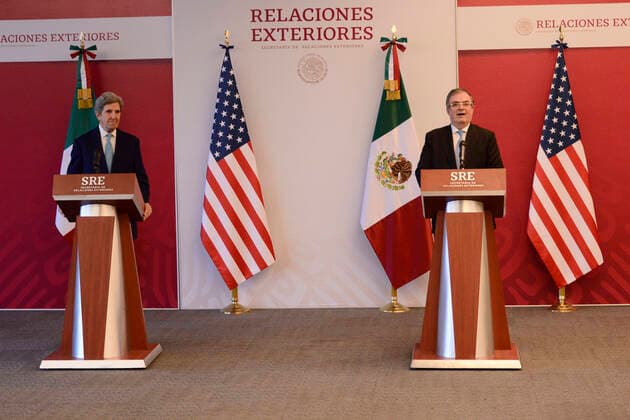 John Kerry Working Visit To Mexico MEXICO CITY, MEXICO - FEBRUARY 9, 2022: John Kerry, US Special Presidential Envoy for Climate and Mexico™s Foreign Affairs Minister Marcelo Ebrard during a press conference to discuss climate change and electricity reform at the Foreign Office. On February 9, 2022 in Mexico City, Mexico. (Photo by Carlos Tischler Eyepix Group) Copyright: xCarlosxTischlerx xEyepixxGroupx EYEPIX_CT_09022022_55525
