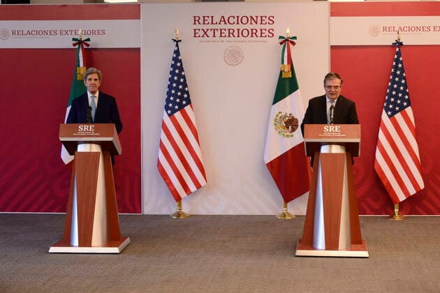 John Kerry Working Visit To Mexico MEXICO CITY, MEXICO - FEBRUARY 9, 2022: John Kerry, US Special Presidential Envoy for Climate and Mexico™s Foreign Affairs Minister Marcelo Ebrard during a press conference to discuss climate change and electricity reform at the Foreign Office. On February 9, 2022 in Mexico City, Mexico. (Photo by Carlos Tischler Eyepix Group) Copyright: xCarlosxTischlerx xEyepixxGroupx EYEPIX_CT_09022022_55526