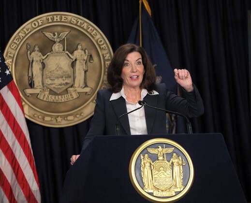 February 9, 2022, New York, New York, USA: New York State Governor Kathy Hochul speaks during a Covid-19 press conference on 09 Feb 2022. Governor Hochul announced the end of the New York state indoor mask mandate, effective tomorrow February 10th. Masks will still be required at schools, nursing homes, hospitals, bus and train stations. The mask mandate for schools will be evaluated upon return from winter break. New York USA - ZUMAr334 20220209_znp_r334_008 Copyright: xDebraxL.xRothenbergx