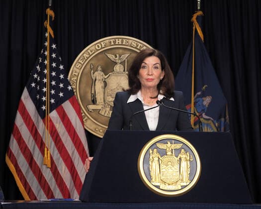 February 9, 2022, New York, New York, USA: New York State Governor Kathy Hochul speaks during a Covid-19 press conference on 09 Feb 2022. Governor Hochul announced the end of the New York state indoor mask mandate, effective tomorrow February 10th. Masks will still be required at schools, nursing homes, hospitals, bus and train stations. The mask mandate for schools will be evaluated upon return from winter break. New York USA - ZUMAr334 20220209_znp_r334_014 Copyright: xDebraxL.xRothenbergx