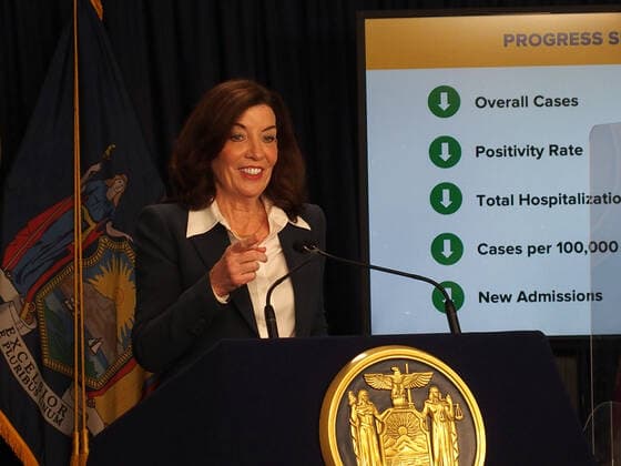 February 9, 2022, New York, New York, USA: February 9, 2022 New York Gov. Kathy Hochul in a press conference today in her N.Y.C. office said she is lifting the stateÃ¢â‚¬â ¢s business mask mandate on Thursday February 10,2022 as New York emerges from a deadly wave of Omicron cases Ã¢â‚¬ but will still require them in schools for now. New York USA - ZUMAct2_ 20220209_zaf_ct2_038 Copyright: xBrucexCotlerx