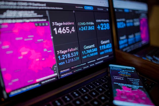 Corona 7-Tage-Inzidenz am 10.02.2022 Deutschland am 10.02.2022: Das RKI Dashboard mit den bundesweiten 7-Tage-Inzidenzen (1465,4) und Covid-19-Fällen (+247862) Zahlen auf einem Laptop.