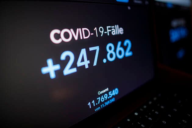 Covid-19-Fälle am 10.02.2022 Deutschland am 10.02.2022: Das RKI Dashboard mit den bundesweiten Covid-19-Fällen (+247862) Zahlen auf einem Laptop.