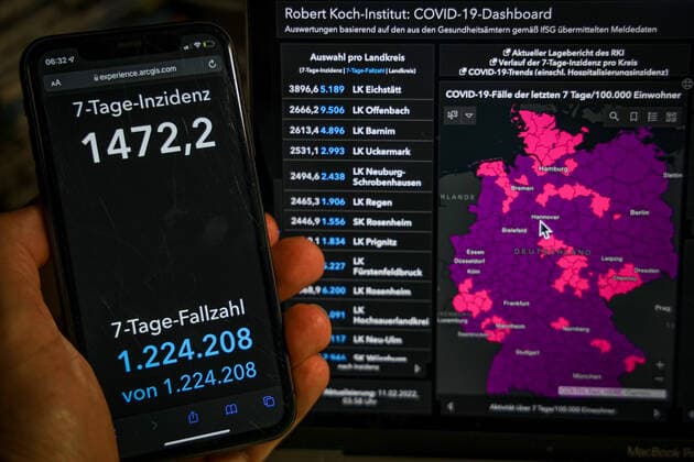 Coronavirus in Deutschland - Covid-19-Dashboard des Robert Koch-Institut 11.02.2022: Robert Koch-Institut: 7-Tage-Inzidenz 1472,2. 7-Tage-Fallzahl 1.224.208 COVID-19-Fälle 12.009.712. Zugang um 240.172 gegenüber dem Vortag. COVID-19-Todesfälle 119.679. Zugang um 226 gegenüber dem Vortag.