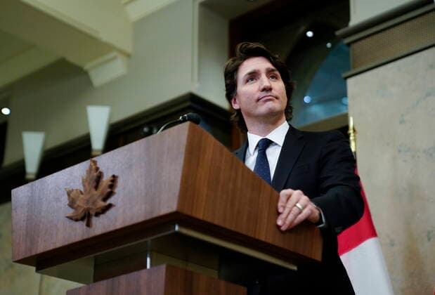 February 11, 2022, Ottawa, ON, CAN: Prime Minister Justin Trudeau listens to a question during a media availability about the ongoing protests in Ottawa and blockades at various Canada-U.S. borders, in West Block on Parliament Hill, in Ottawa on Friday, Feb. 11, 2022. Ottawa CAN  - ZUMAc35_ 20220211_zaf_c35_148 Copyright: xJustinxTangx