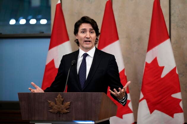 February 11, 2022, Ottawa, ON, CAN: Prime Minister Justin Trudeau speaks during a media availability about the ongoing protests in Ottawa and blockades at various Canada-U.S. borders, in West Block on Parliament Hill, in Ottawa on Friday, Feb. 11, 2022. Ottawa CAN  - ZUMAc35_ 20220211_zaf_c35_147 Copyright: xJustinxTangx