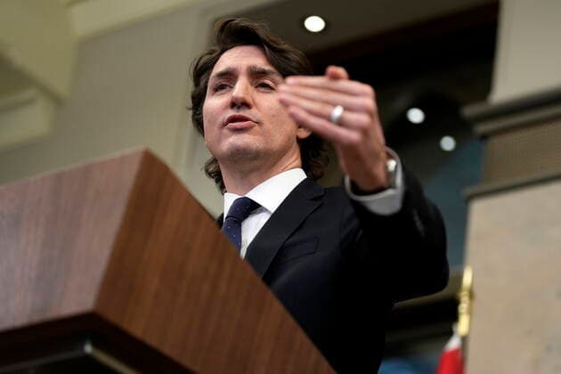 February 11, 2022, Ottawa, ON, CAN: Prime Minister Justin Trudeau speaks during a media availability about the ongoing protests in Ottawa and blockades at various Canada-U.S. borders, in West Block on Parliament Hill, in Ottawa on Friday, Feb. 11, 2022. Ottawa CAN  - ZUMAc35_ 20220211_zaf_c35_150 Copyright: xJustinxTangx
