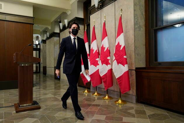 February 11, 2022, Ottawa, ON, CAN: Prime Minister Justin Trudeau leaves a media availability about the ongoing protests in Ottawa and blockades at various Canada-U.S. borders, in West Block on Parliament Hill, in Ottawa on Friday, Feb. 11, 2022. Ottawa CAN  - ZUMAc35_ 20220211_zaf_c35_153 Copyright: xJustinxTangx