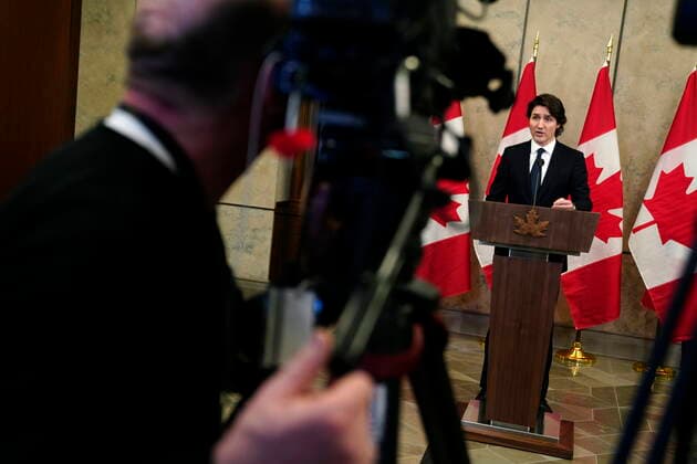 February 11, 2022, Ottawa, ON, CAN: Prime Minister Justin Trudeau speaks during a media availability about the ongoing protests in Ottawa and blockades at various Canada-U.S. borders, in West Block on Parliament Hill, in Ottawa on Friday, Feb. 11, 2022. Ottawa CAN  - ZUMAc35_ 20220211_zaf_c35_154 Copyright: xJustinxTangx