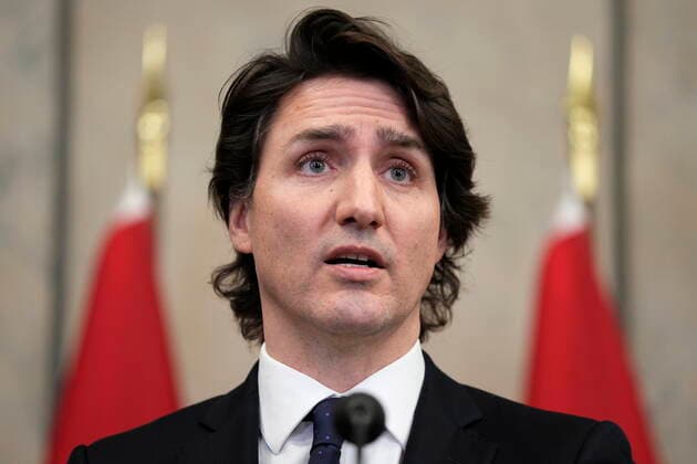 February 11, 2022, Ottawa, ON, CAN: Prime Minister Justin Trudeau speaks during a media availability about the ongoing protests in Ottawa and blockades at various Canada-U.S. borders, in West Block on Parliament Hill, in Ottawa on Friday, Feb. 11, 2022. Ottawa CAN  - ZUMAc35_ 20220211_zaf_c35_155 Copyright: xJustinxTangx