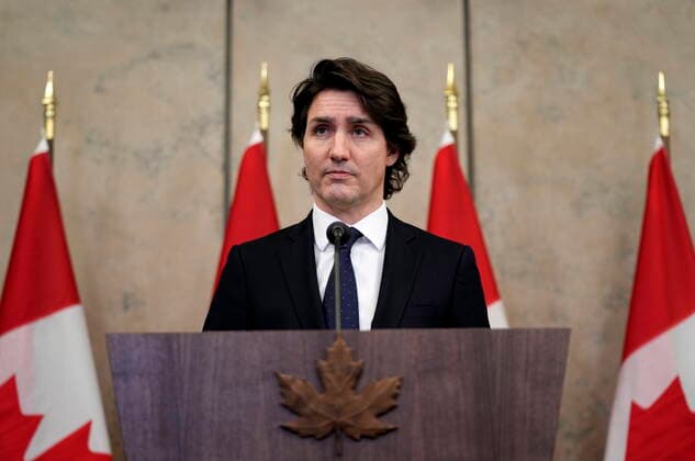 February 11, 2022, Ottawa, ON, CAN: Prime Minister Justin Trudeau speaks during a media availability about the ongoing protests in Ottawa and blockades at various Canada-U.S. borders, in West Block on Parliament Hill, in Ottawa on Friday, Feb. 11, 2022. Ottawa CAN  - ZUMAc35_ 20220211_zaf_c35_158 Copyright: xJustinxTangx