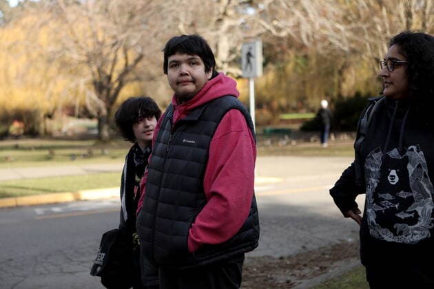 February 11, 2022, VICTORIA, BC, CANADA: Bear Henry is joined by friends Nakita Sekhon, left, and Shae Perkins during a press conference at Beacon Hill Park in Victoria, Friday, Feb. 11, 2022. Henry went missing for 74 days while participating in the old-growth logging protests in Fairy Creek in the Cowichan Valley area near Port Renfrew. Henry was found by loggers in the area before returning home safely. VICTORIA CANADA  - ZUMAc35_ 20220211_zaf_c35_180 Copyright: xChadxHipolitox