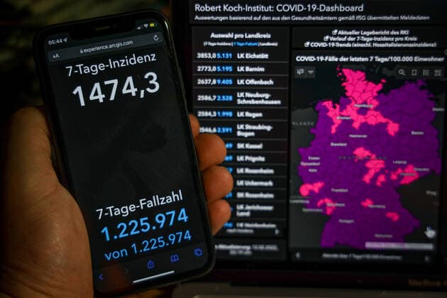 Coronavirus in Deutschland - Covid-19-Dashboard des Robert Koch-Institut 12.02.2022: Robert Koch-Institut: 7-Tage-Inzidenz 1474,3. 7-Tage-Fallzahl 1.225.974 COVID-19-Fälle 12.219.501. Zugang um 209.789 gegenüber dem Vortag. COVID-19-Todesfälle 119.877. Zugang um 198 gegenüber dem Vortag.