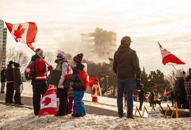 February 12, 2022, EDMONTON, AB, CANADA: Protestors against COVID-19 restrictions attend a rally in support of a trucker convoy in Edmonton Alta, on Saturday February 12, 2021. EDMONTON CANADA  - ZUMAc35_ 20220212_zaf_c35_211 Copyright: xJasonxFransonx