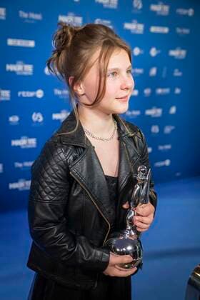 actress Maya Vanderbeque poses after winning the Magritte for best promising actress during the Magritte du Cinema film awards ceremony, Saturday 12 February 2022, in Brussels. The prizes are awarded to movies of Belgian French-speaking producers.  PAUL-HENRIxVERLOOY 9315615