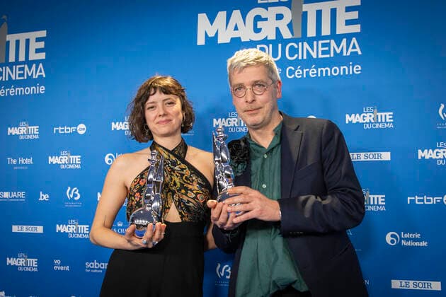 decorator Lisa Etienne and costume designer Frederick Denis pose after winning the Magritte for best scenery and best costumes at the Magritte du Cinema film awards ceremony, Saturday 12 February 2022, in Brussels. The prizes are awarded to movies of Belgian French-speaking producers.  PAUL-HENRIxVERLOOY 9319104