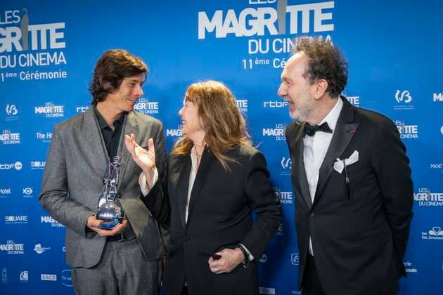 Jan Ackermans, son of director Marion Hänsel, Jane Birkin and Charly Herscovici, president of the Magritte foundation pose after -the Magritte of honour was awarded to director Marion Hänsel at the Magritte du Cinema film awards ceremony, Saturday 12 February 2022, in Brussels. The prizes are awarded to movies of Belgian French-speaking producers.  PAUL-HENRIxVERLOOY 9321726