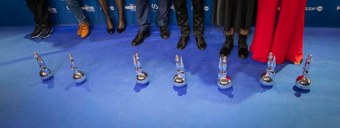 Illustration picture shows the seven Magrittes won by the movie Un Monde during the Magritte du Cinema film awards ceremony, Saturday 12 February 2022, in Brussels. The prizes are awarded to movies of Belgian French-speaking producers.  PAUL-HENRIxVERLOOY 9333204