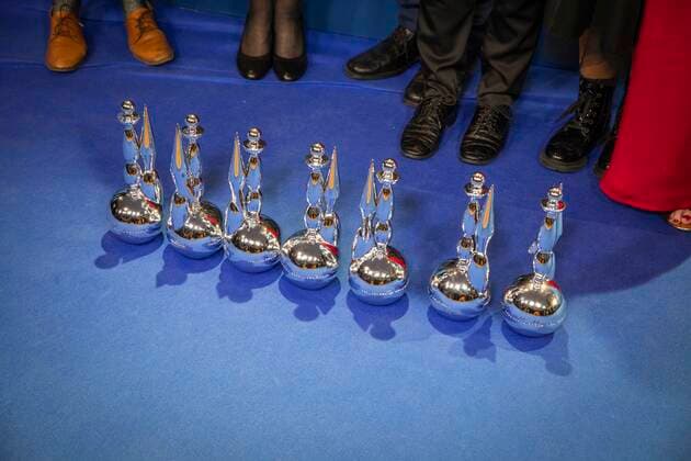 Illustration picture shows the seven Magrittes won by the movie Un Monde during the Magritte du Cinema film awards ceremony, Saturday 12 February 2022, in Brussels. The prizes are awarded to movies of Belgian French-speaking producers.  PAUL-HENRIxVERLOOY 9333222