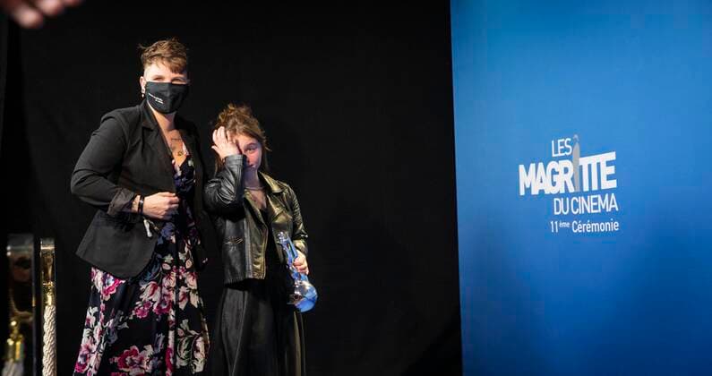 Actress Maya Vanderbeque and her mother walk towards the photocall after the Magritte du Cinema film awards ceremony, Saturday 12 February 2022, in Brussels. The prizes are awarded to movies of Belgian French-speaking producers.  PAUL-HENRIxVERLOOY 9333969