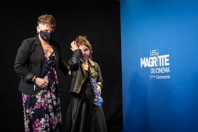 Actress Maya Vanderbeque and her mother walk towards the photocall after the Magritte du Cinema film awards ceremony, Saturday 12 February 2022, in Brussels. The prizes are awarded to movies of Belgian French-speaking producers.  PAUL-HENRIxVERLOOY 9333987